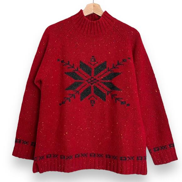 Eddie Bauer 100% Wool Red And Black Mock Neck Snowflake Sweater Women's Size MP - Picture 1 of 8